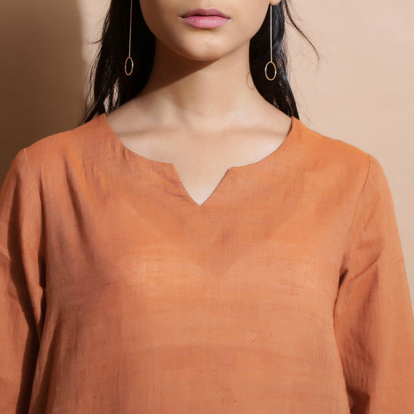 Front Detail of a Model wearing Brown Handspun Split-Neck Straight Top