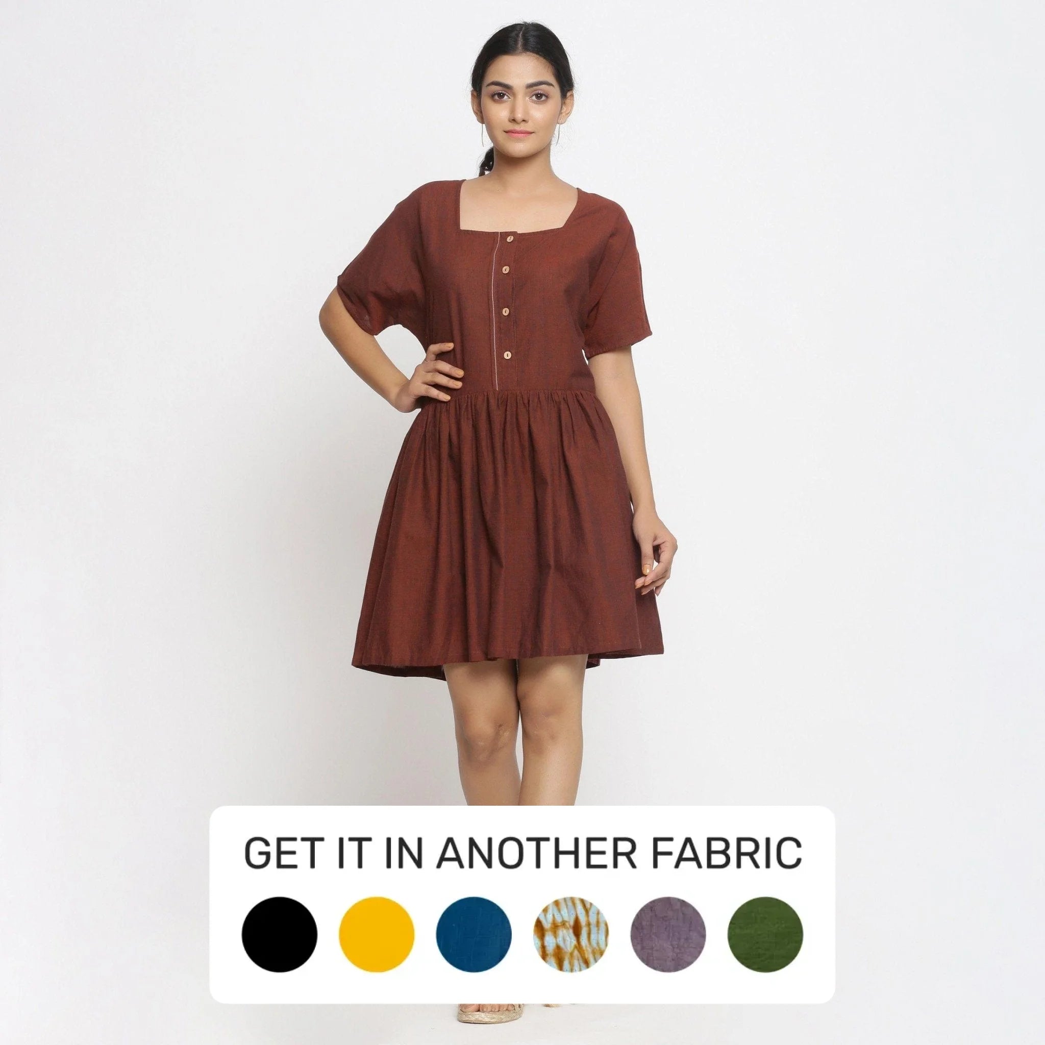 Brown Mangalgiri Cotton Button-Down Gathered Short Dress