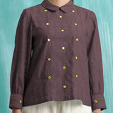 Brown Mirror Work Cotton Flax Blouse Top