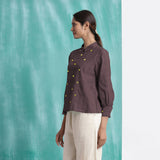 Brown Mirror Work Cotton Flax Blouse Top