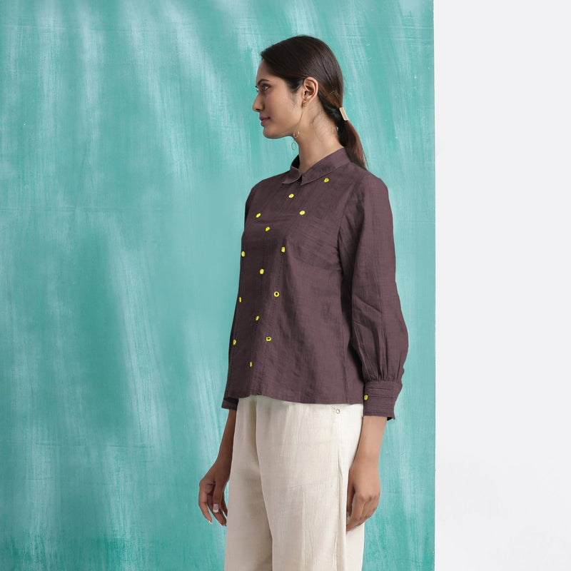Brown Mirror Work Cotton Flax Blouse Top