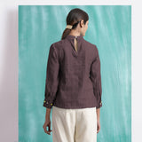 Brown Mirror Work Cotton Flax Blouse Top