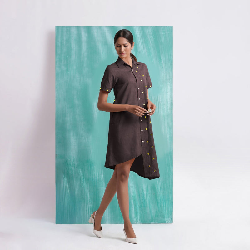 Brown Mirror Work Cotton Flax Knee Length Asymmetrical Dress