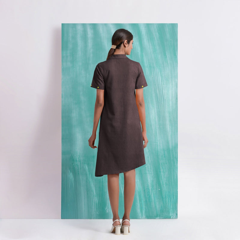 asymmetrical work dress Navy Blue Mirror Work Cotton Knee Length Asymmetrical Dress 60" / Regular (5'2"