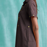 Brown Mirror Work Cotton Flax Knee Length Asymmetrical Dress