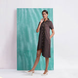 Brown Mirror Work Cotton Flax Knee Length Asymmetrical Dress