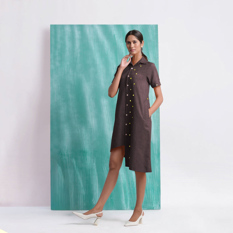 Brown Mirror Work Cotton Flax Knee Length Asymmetrical Dress