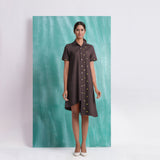 Brown Mirror Work Cotton Flax Knee Length Asymmetrical Dress