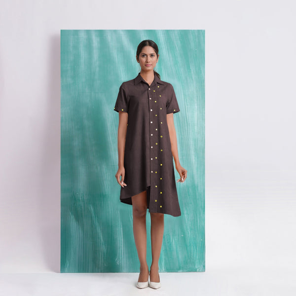 Brown Mirror Work Cotton Flax Knee Length Asymmetrical Dress