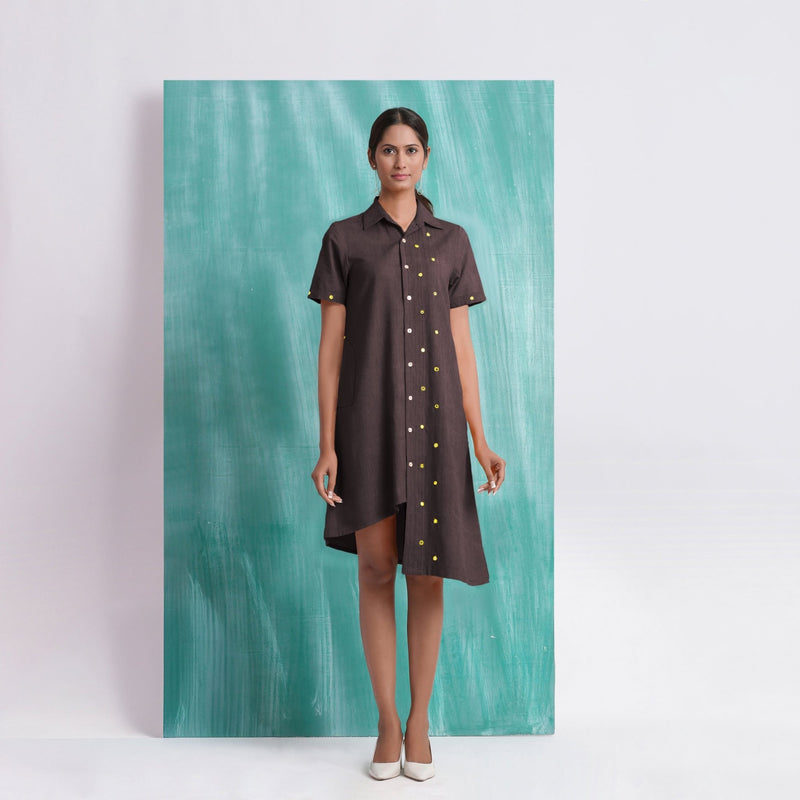 Brown Mirror Work Cotton Flax Knee Length Asymmetrical Dress