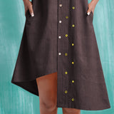 Brown Mirror Work Cotton Flax Knee Length Asymmetrical Dress
