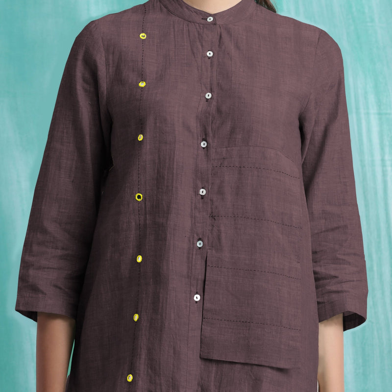 Brown Mirror Work Cotton Flax Mandarin Collar Top