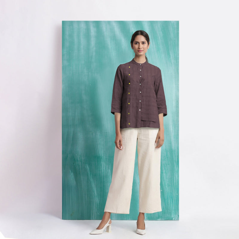 Brown Mirror Work Cotton Flax Mandarin Collar Top