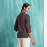 Brown Mirror Work Cotton Flax Mandarin Collar Top