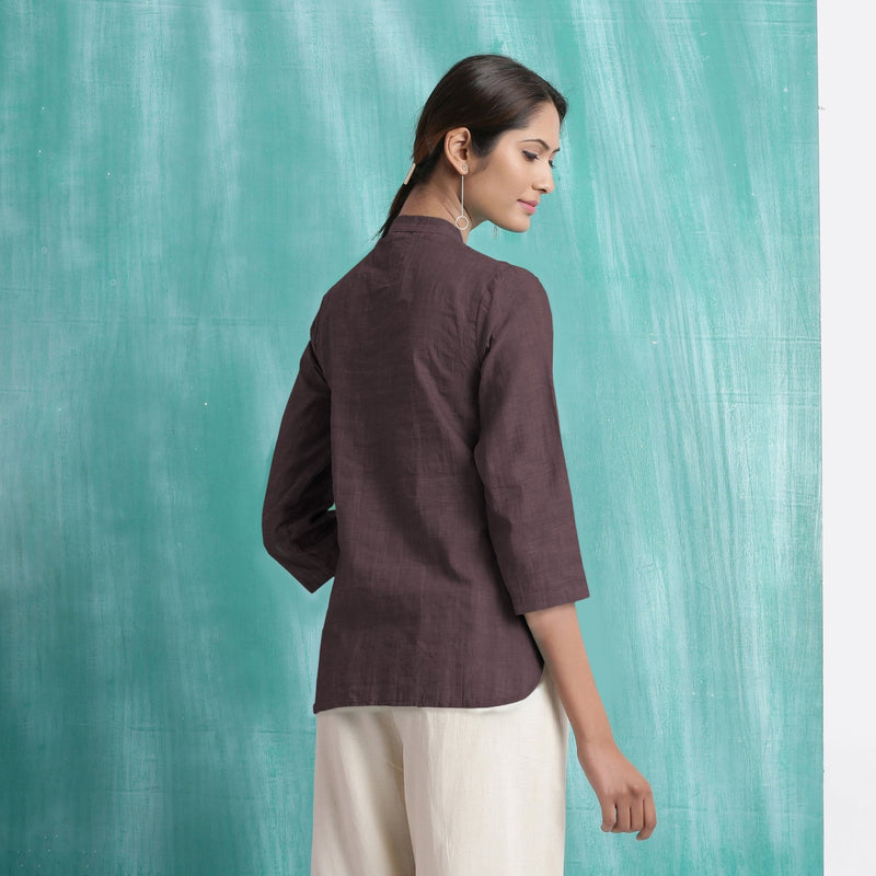 Brown Mirror Work Cotton Flax Mandarin Collar Top