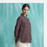 Brown Mirror Work Cotton Flax Mandarin Collar Top