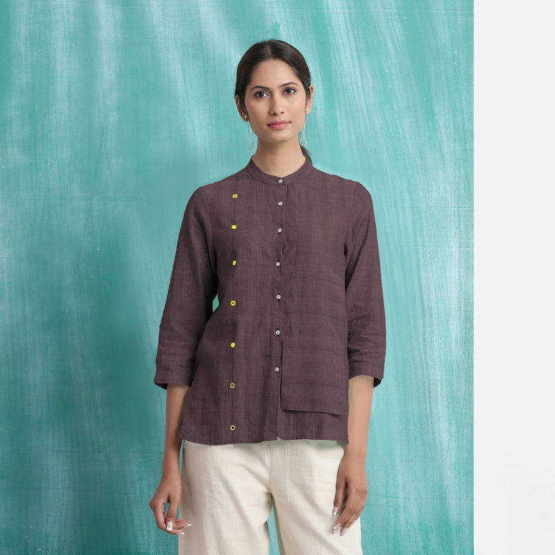 Brown Mirror Work Cotton Flax Mandarin Collar Top