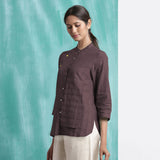 Brown Mirror Work Cotton Flax Mandarin Collar Top