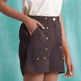 Brown Mirror Work Cotton Flax Mid-Rise Elasticated Shorts
