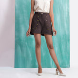 Brown Mirror Work Cotton Flax Mid-Rise Elasticated Shorts