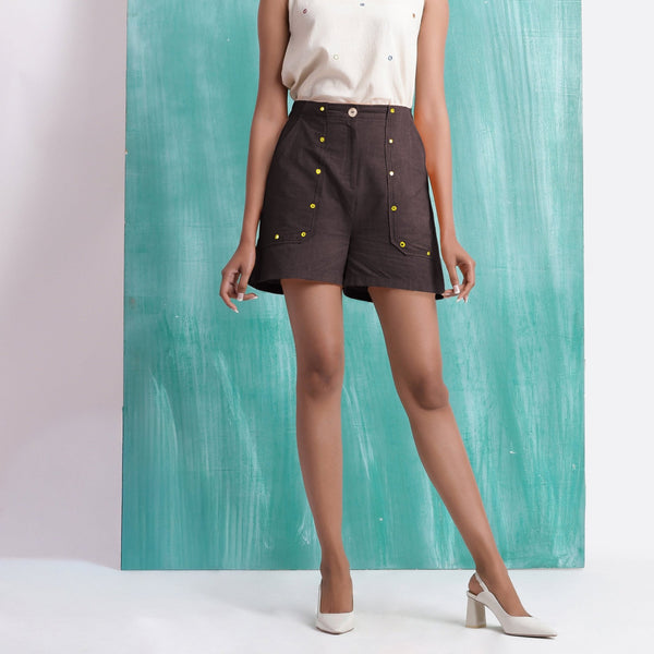 Brown Mirror Work Cotton Flax Mid-Rise Elasticated Shorts