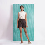 Brown Mirror Work Cotton Flax Mid-Rise Elasticated Shorts