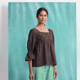 Brown Mirror Work Cotton Flax Poet Sleeves Yoked Top