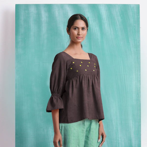 Brown Mirror Work Cotton Flax Poet Sleeves Yoked Top