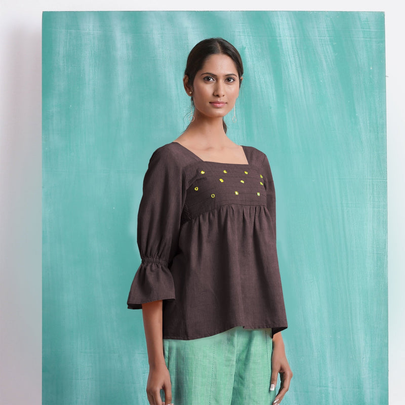 Brown Mirror Work Cotton Flax Poet Sleeves Yoked Top