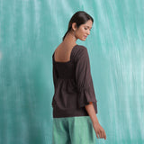 Brown Mirror Work Cotton Flax Poet Sleeves Yoked Top