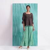 Brown Mirror Work Cotton Flax Poet Sleeves Yoked Top