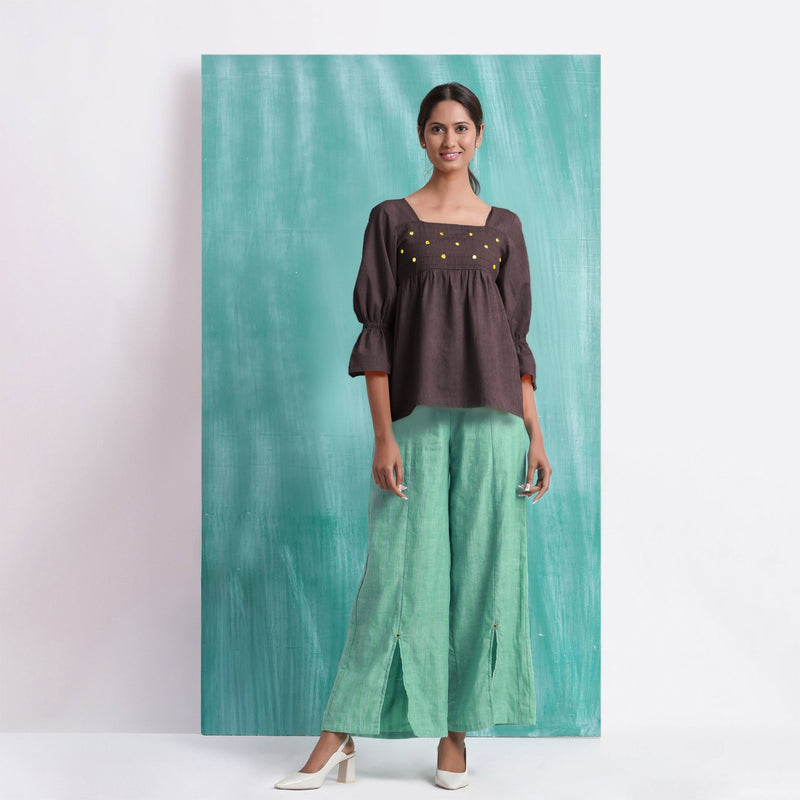 Brown Mirror Work Cotton Flax Poet Sleeves Yoked Top