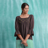 Brown Mirror Work Cotton Flax Poet Sleeves Yoked Top