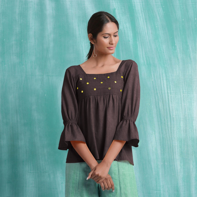 Brown Mirror Work Cotton Flax Poet Sleeves Yoked Top