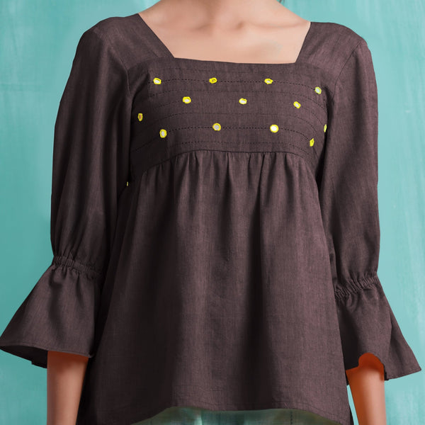 Brown Mirror Work Cotton Flax Poet Sleeves Yoked Top