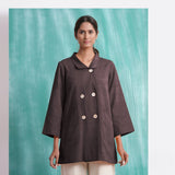 Brown Mirror Work Cotton Flax Welt Pocket Coat
