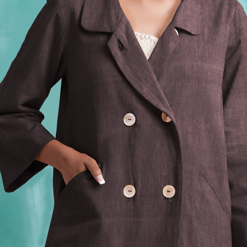 Brown Mirror Work Cotton Flax Welt Pocket Coat