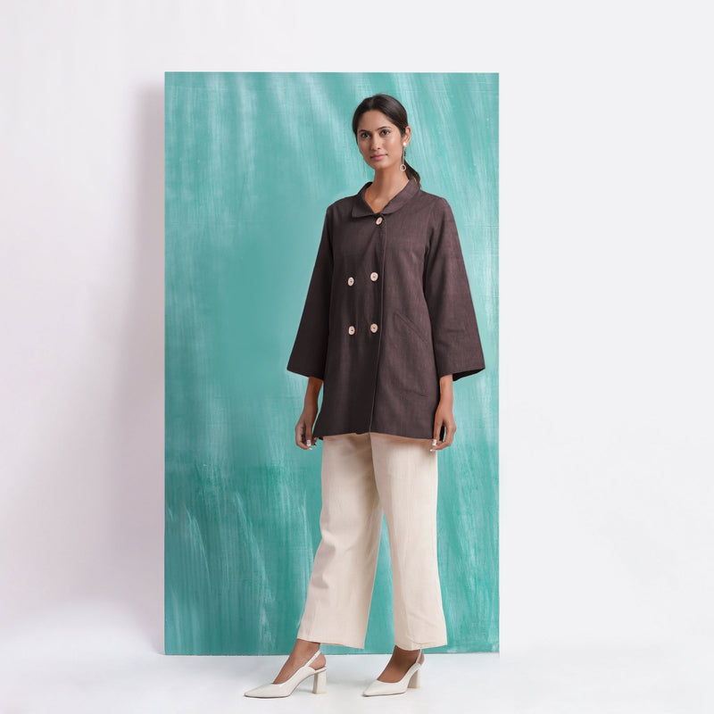 Brown Mirror Work Cotton Flax Welt Pocket Coat