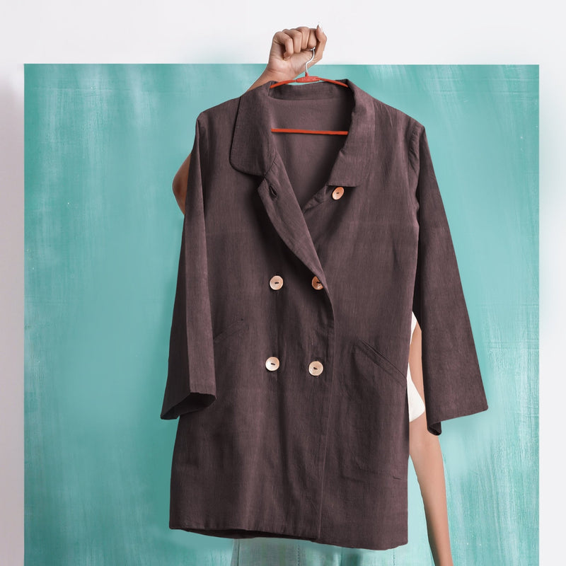 Brown Mirror Work Cotton Flax Welt Pocket Coat