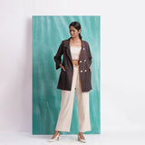 Brown Mirror Work Cotton Flax Welt Pocket Coat