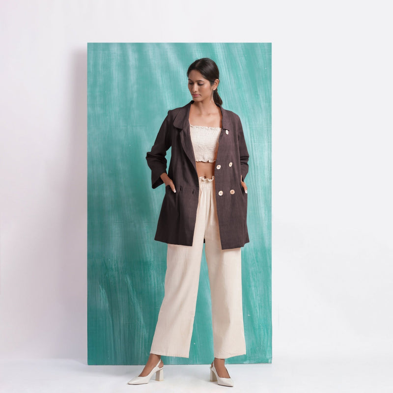 Brown Mirror Work Cotton Flax Welt Pocket Coat