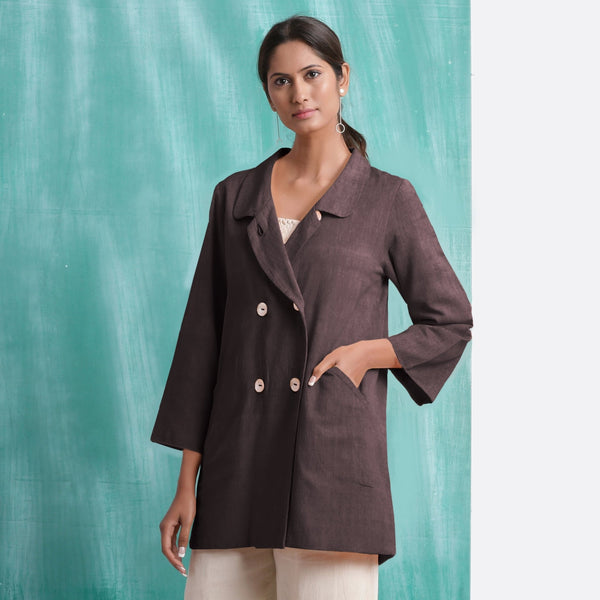 Brown Cotton Flax Welt Pocket Coat