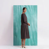 Brown Mirror Work Embroidered Cotton Flax Paneled Midi Dress