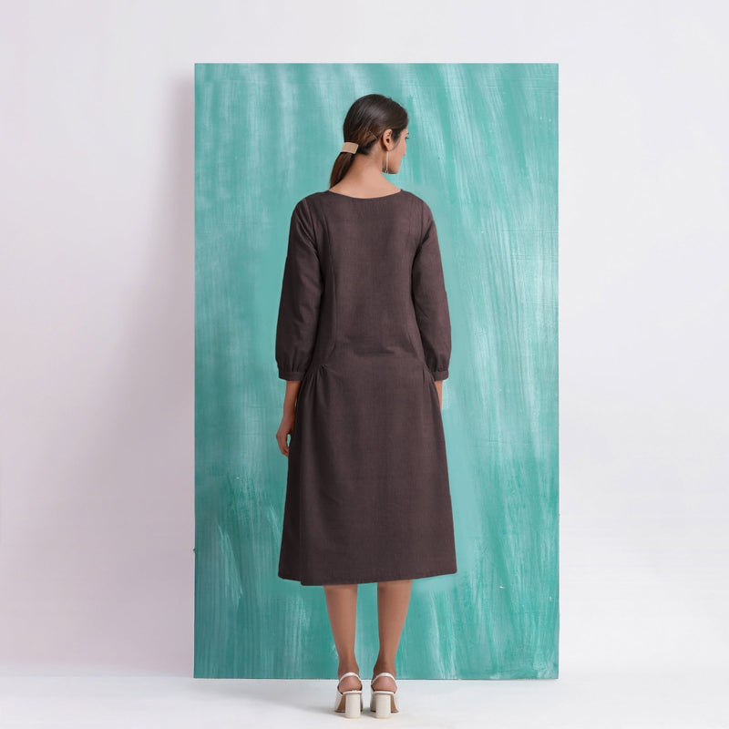 Brown Mirror Work Embroidered Cotton Flax Paneled Midi Dress