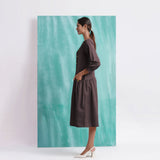 Brown Mirror Work Embroidered Cotton Flax Paneled Midi Dress