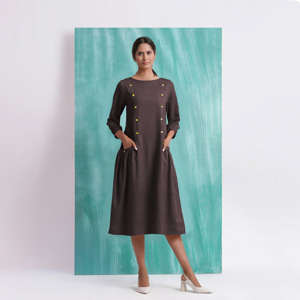 Brown Mirror Work Embroidered Cotton Flax Paneled Midi Dress