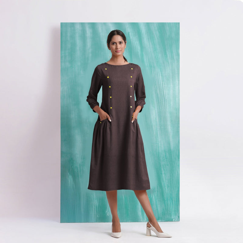 Brown Mirror Work Embroidered Cotton Flax Paneled Midi Dress