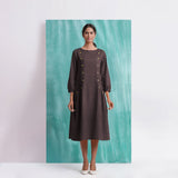 Brown Mirror Work Embroidered Cotton Flax Paneled Midi Dress