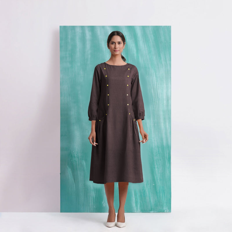 Brown Mirror Work Embroidered Cotton Flax Paneled Midi Dress