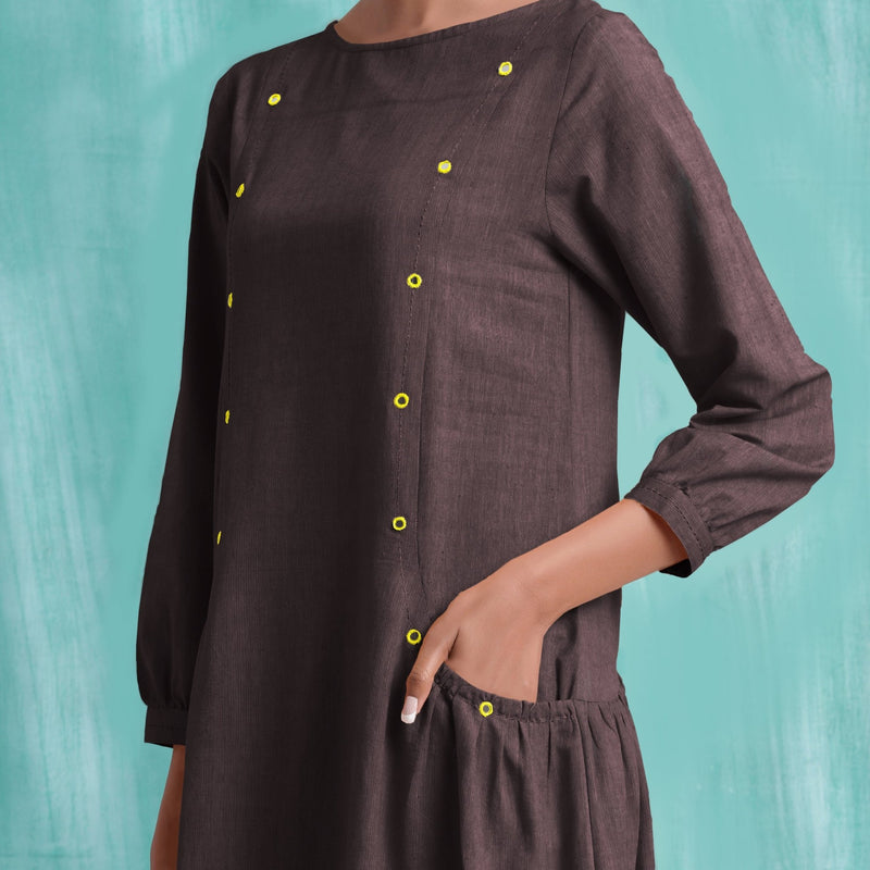 Brown Mirror Work Embroidered Cotton Flax Paneled Midi Dress